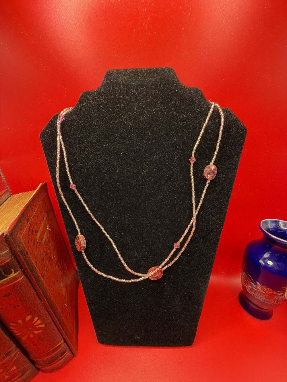 Unbranded Long Pink Seed Bead And Abalone Shell Station Necklace